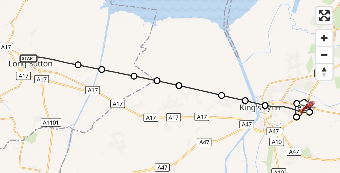Flight path map showing Air Ambulance Helicopter route from Long Sutton to King's Lynn and West Norfolk