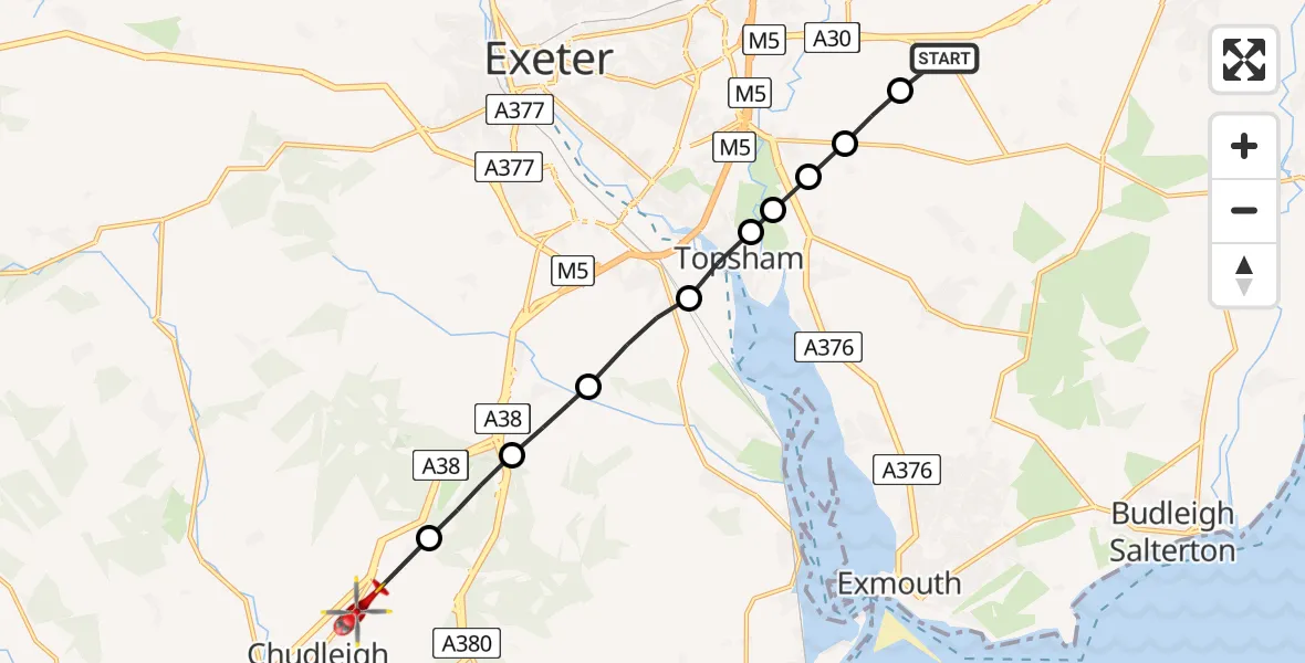 Flight path map showing Air Ambulance Helicopter route from Aylesbeare to Chudleigh