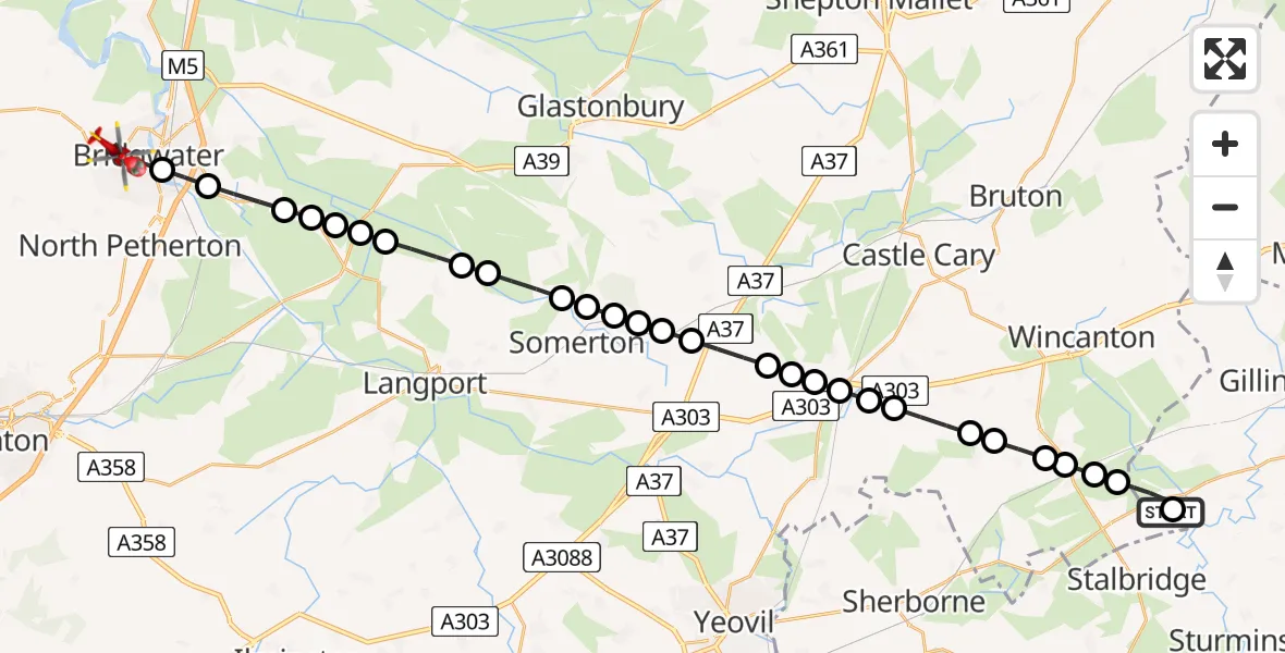 Flight path map showing Air Ambulance Helicopter route from Henstridge Airfield to Bridgwater