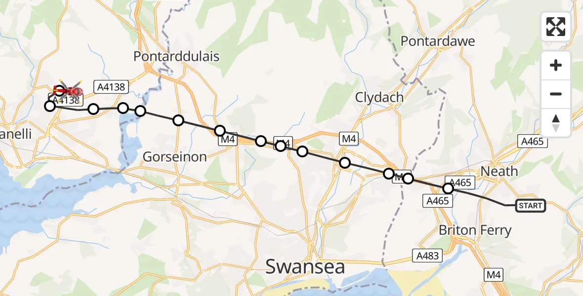Flight path map showing Air Ambulance Helicopter route from Neath to Dafen