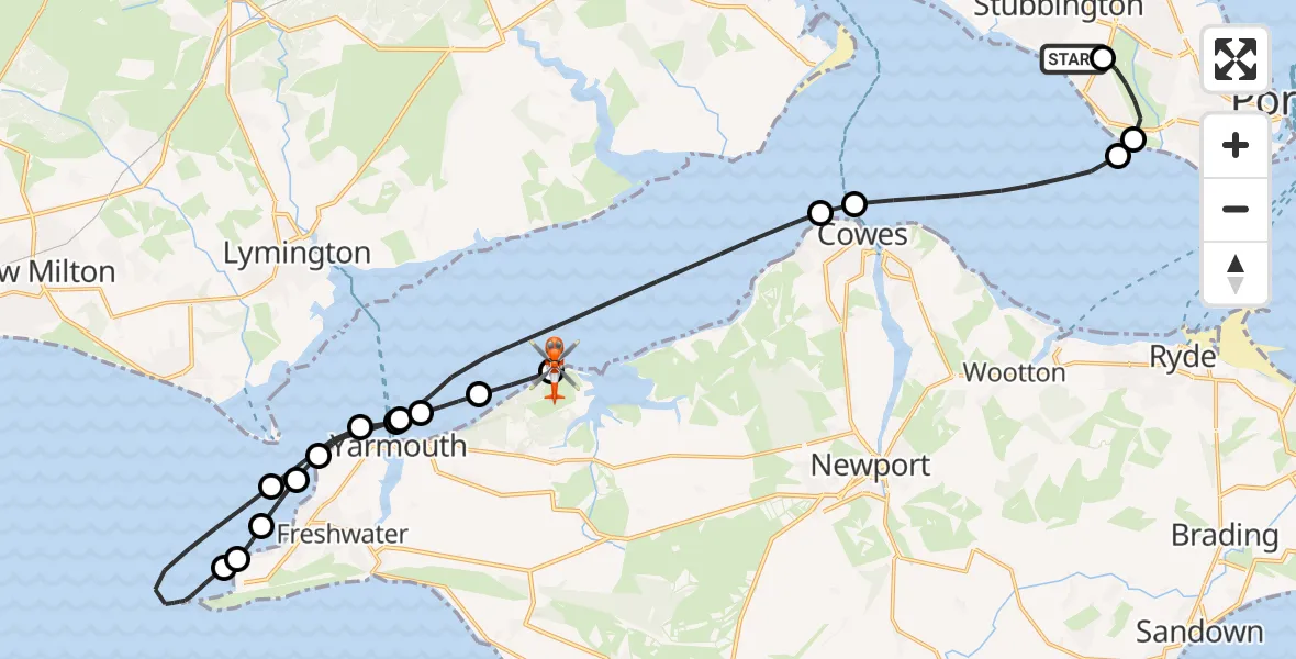Flight path map showing Coastguard Helicopter route from Solent Airport to Shalfleet
