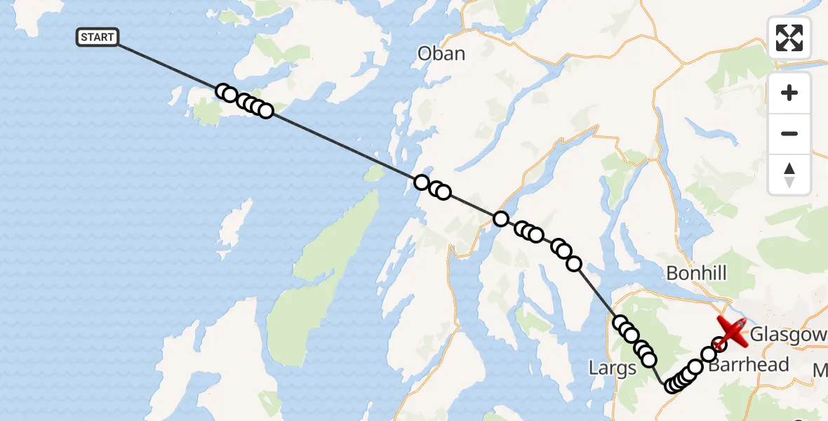 Flight path map showing Air Ambulance Aircraft route from Inner Seas to Glasgow Airport