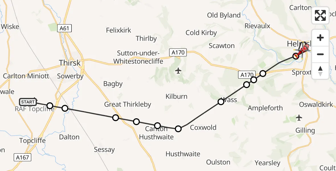 Flight path map showing Air Ambulance Helicopter route from RAF Topcliffe to Helmsley