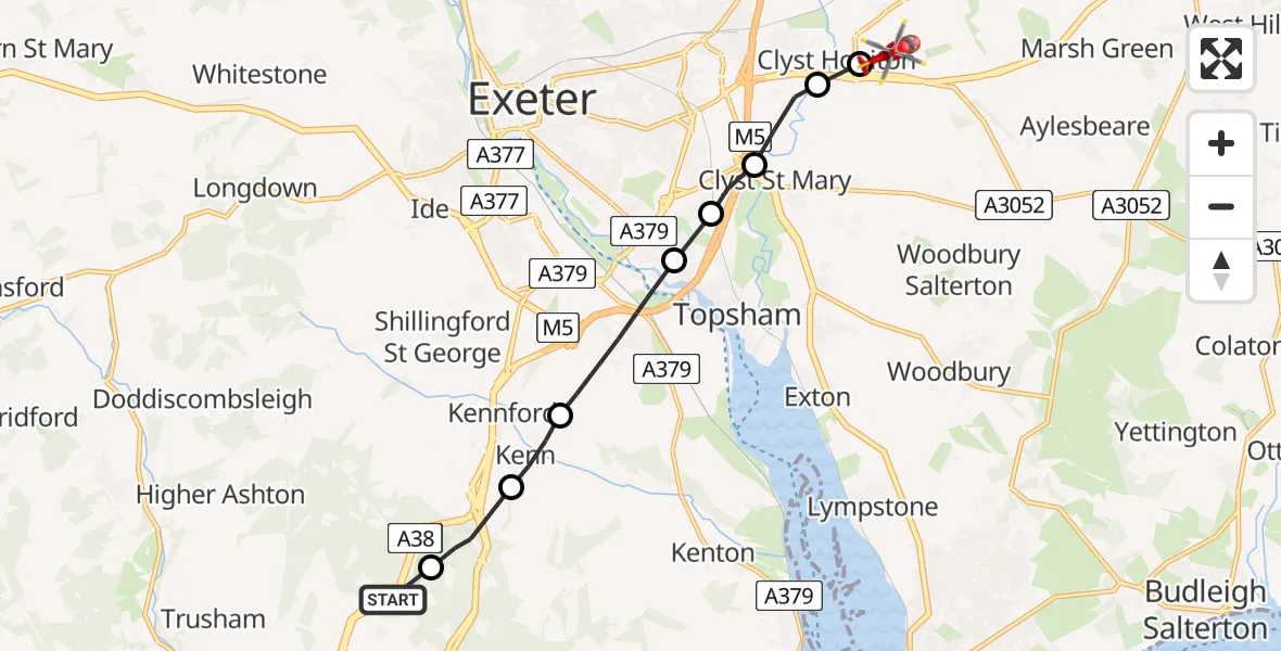 Flight path map showing Air Ambulance Helicopter route from Chudleigh to Exeter International Airport