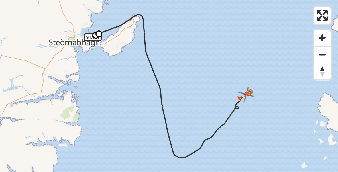 Flight path map showing Coastguard Helicopter route from Stornoway Airport to Inner Seas