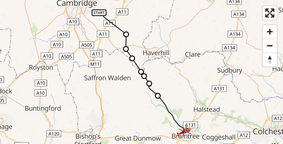 Flight path map showing Air Ambulance Helicopter route from Fulbourn to Braintree