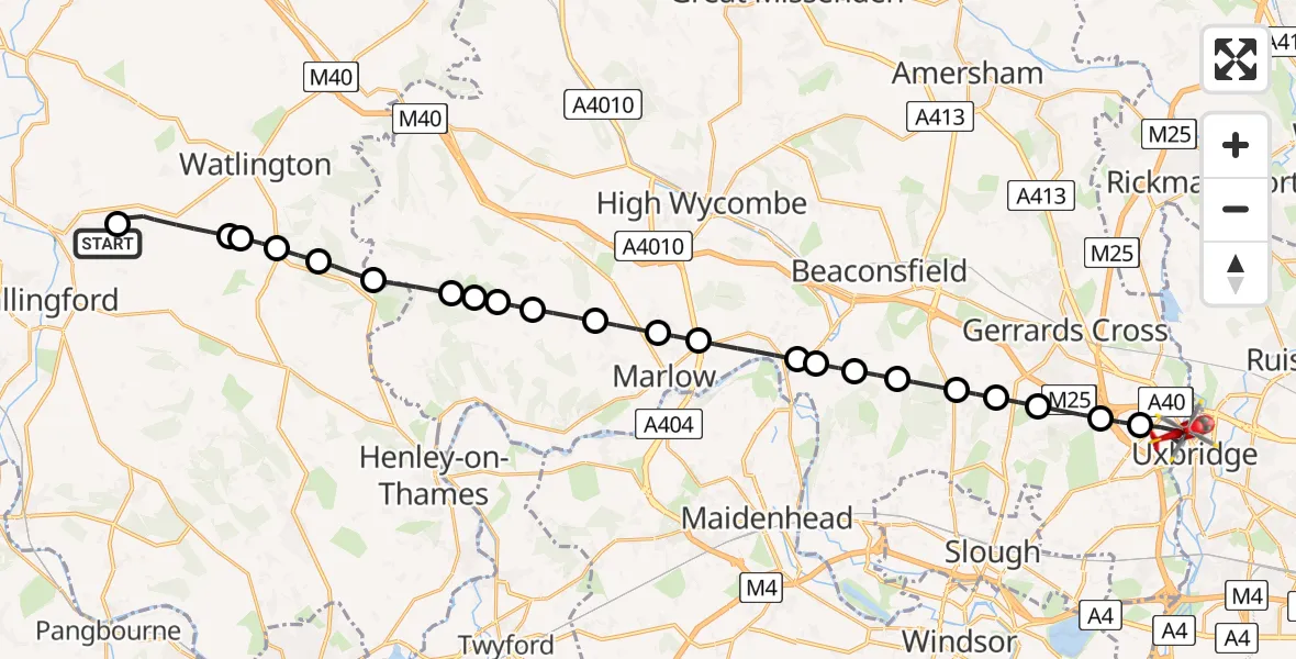 Flight path map showing Air Ambulance Helicopter route from RAF Benson to Denham