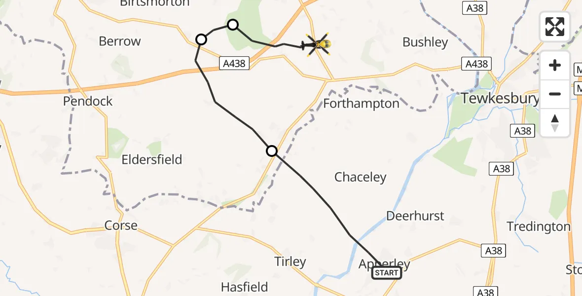 Flight path map showing Police Helicopter route from Tewkesbury to Longdon