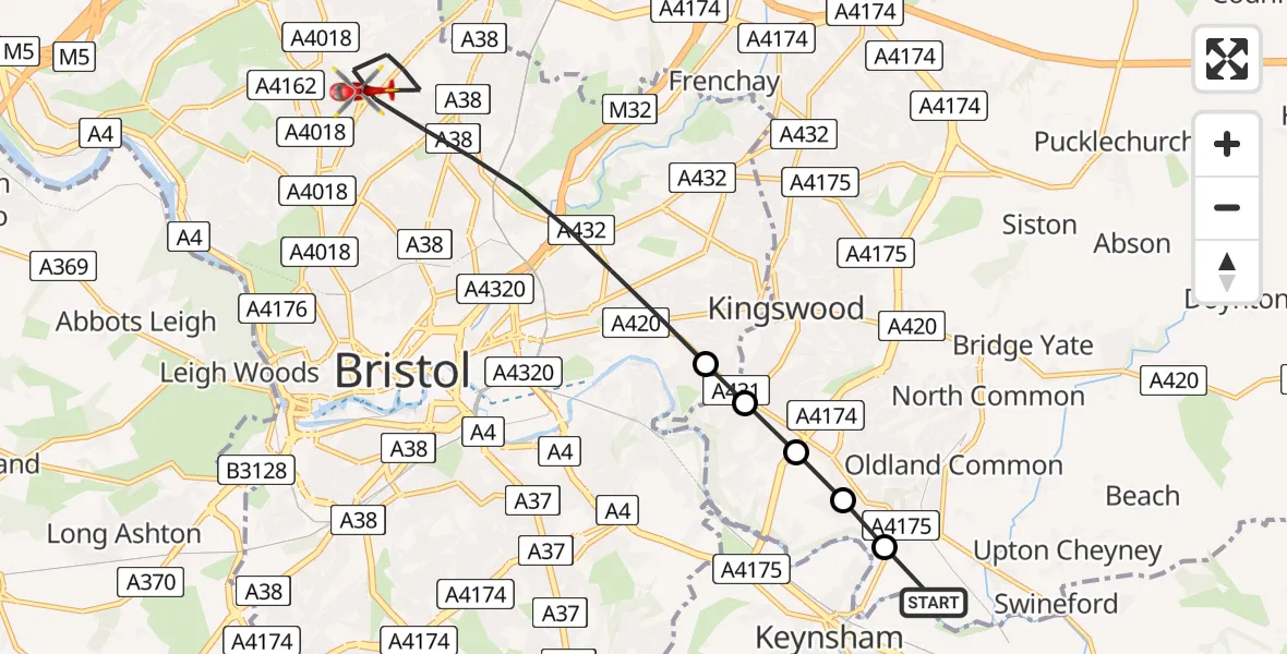 Flight path map showing Air Ambulance Helicopter route from Bristol to Bristol