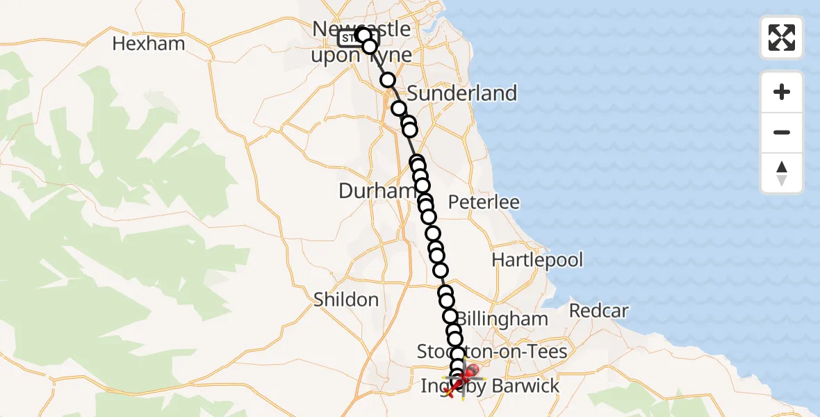 Flight path map showing Air Ambulance Helicopter route from Newcastle Royal Victoria Infirmary to Egglescliffe