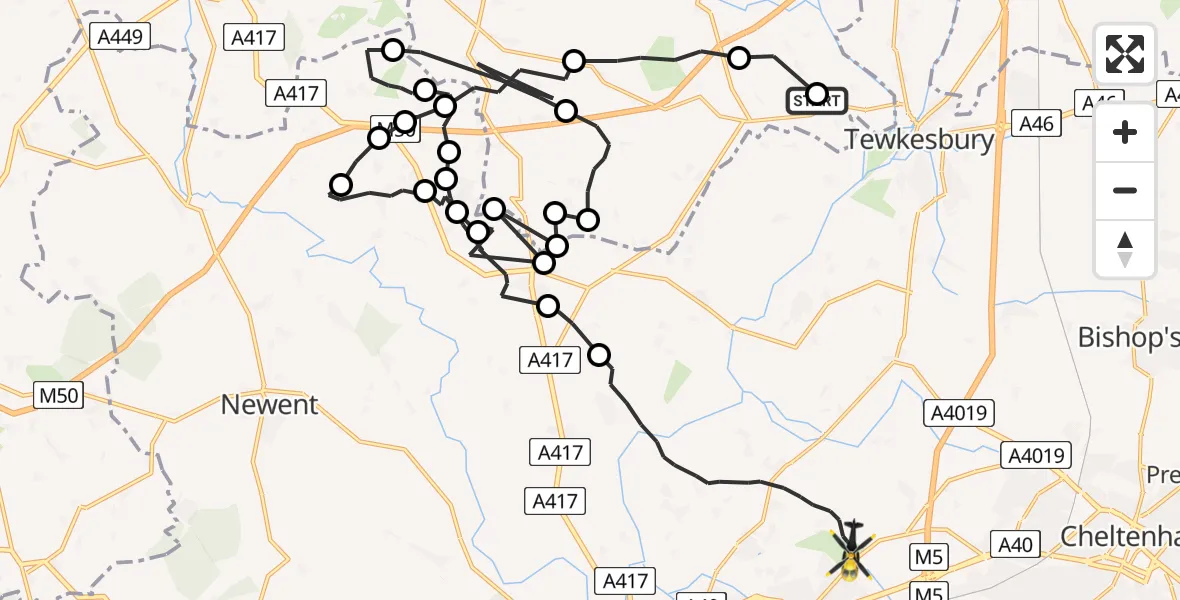 Flight path map showing Police Helicopter route from Bushley to Tewkesbury