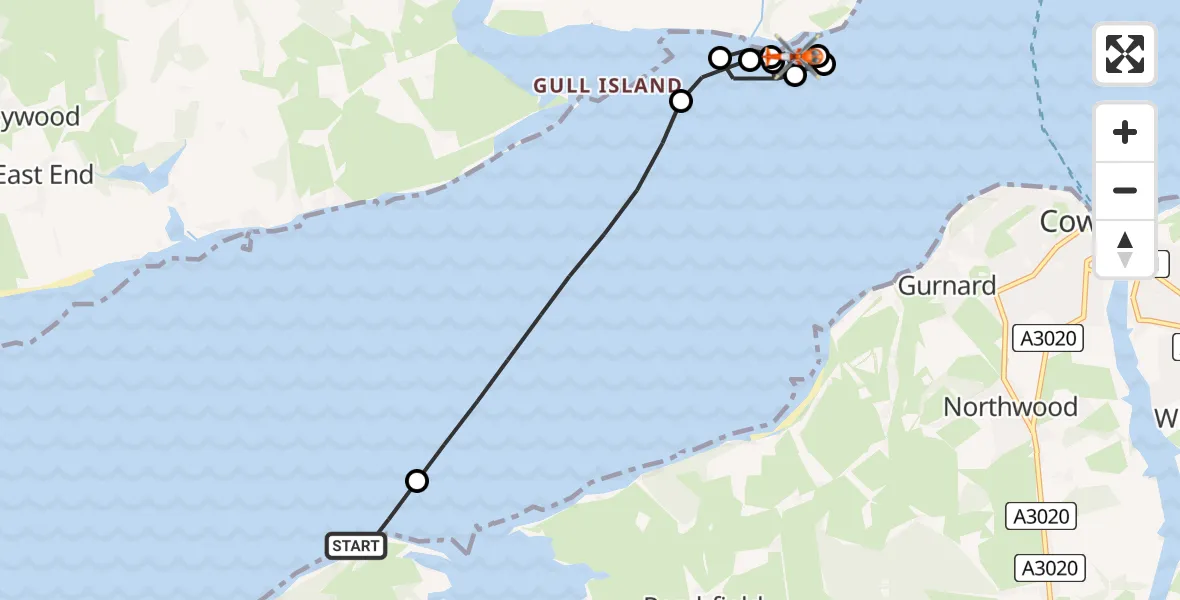 Flight path map showing Coastguard Helicopter route from Shalfleet to Langley