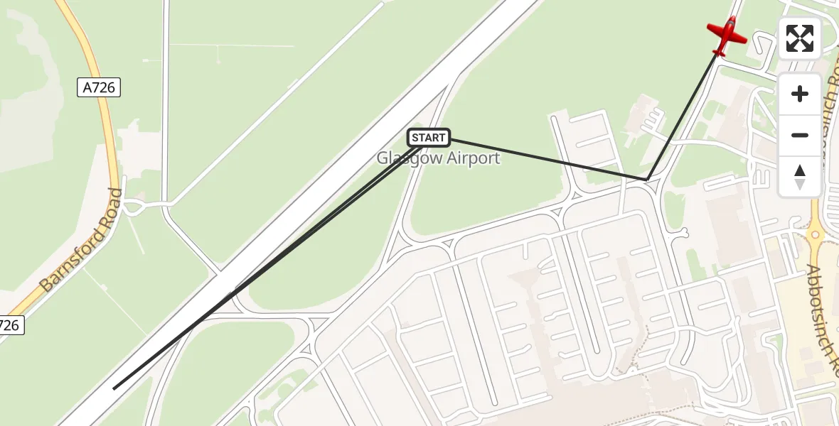 Flight path map showing Air Ambulance Aircraft route from Glasgow Airport to Glasgow Airport