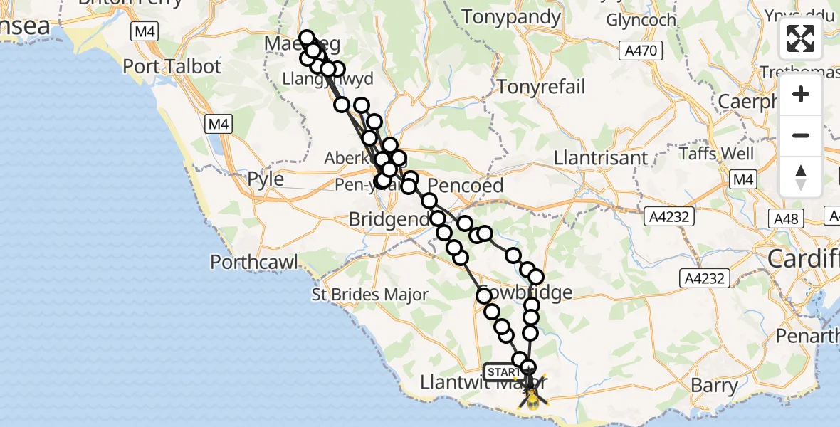Flight path map showing Police Helicopter route from Llanmaes to MOD St Athan