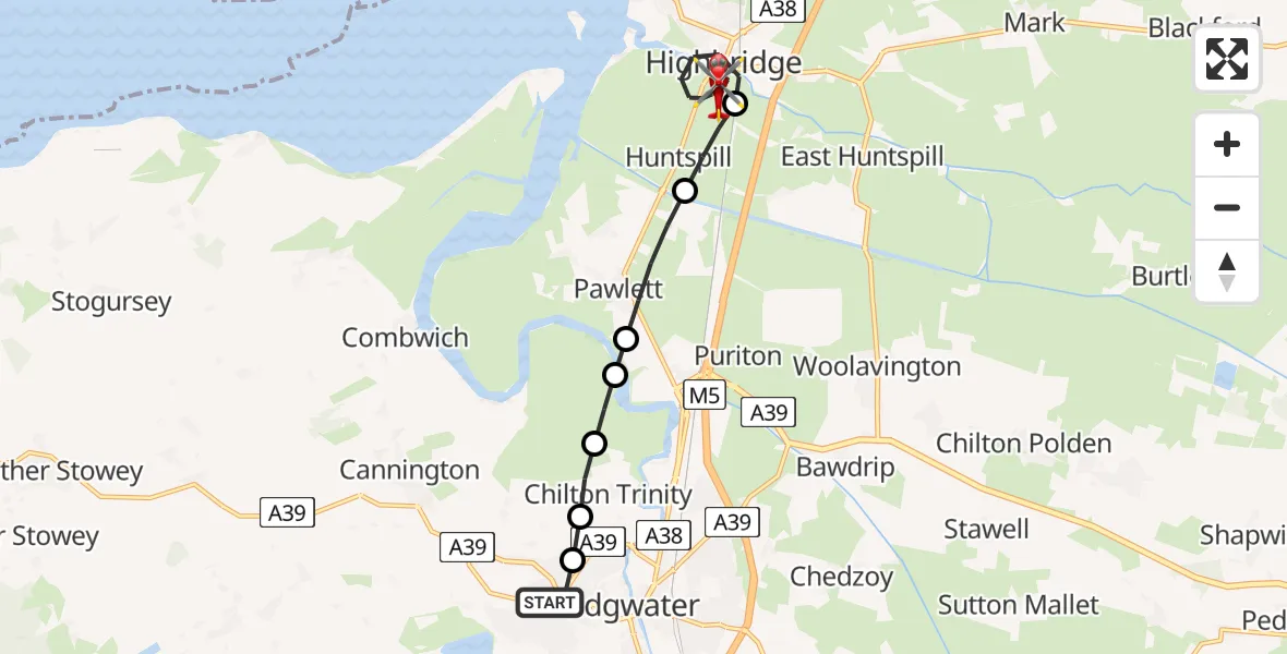 Flight path map showing Air Ambulance Helicopter route from Bridgwater to Highbridge