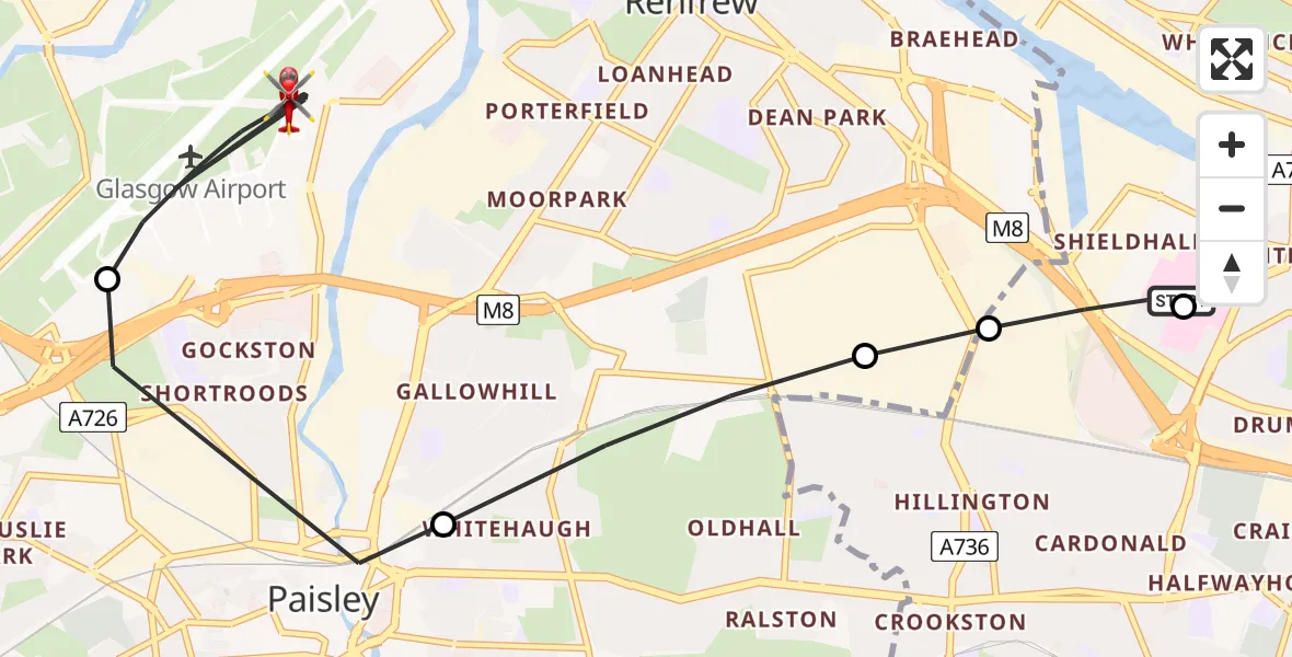 Flight path map showing Air Ambulance Helicopter route from Queen Elizabeth Hospital to Glasgow Airport