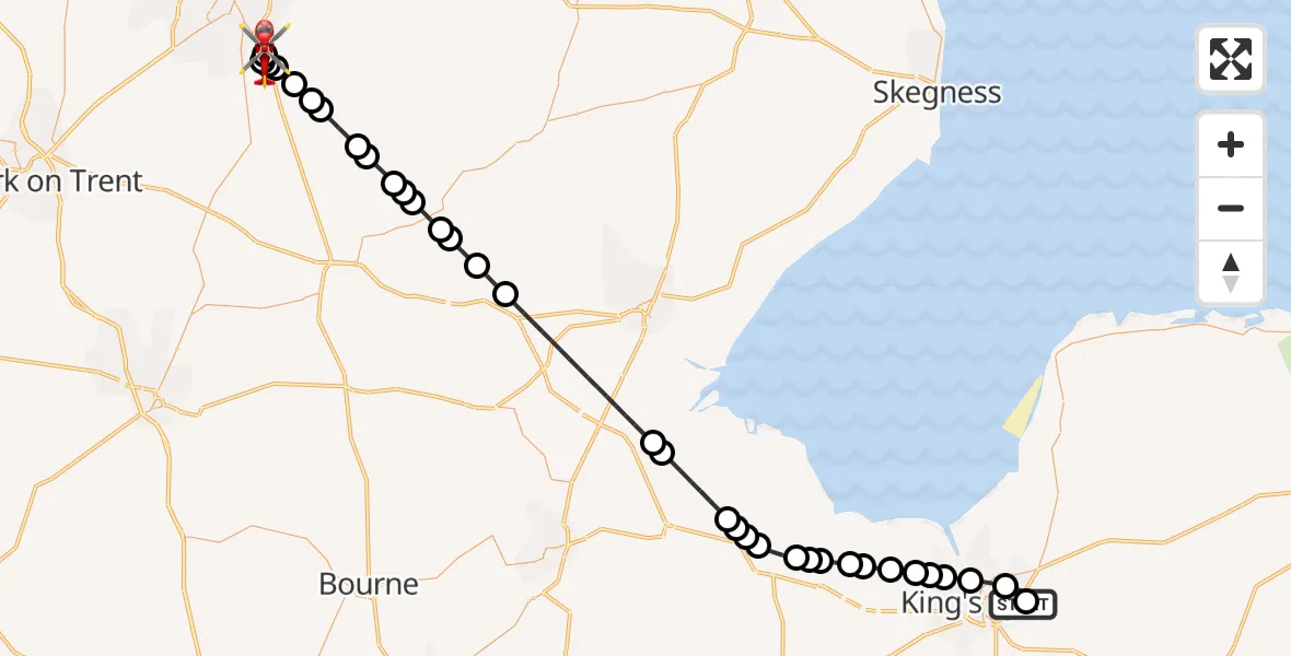 Flight path map showing Air Ambulance Helicopter route from Queen Elizabeth Hospital to North Kesteven