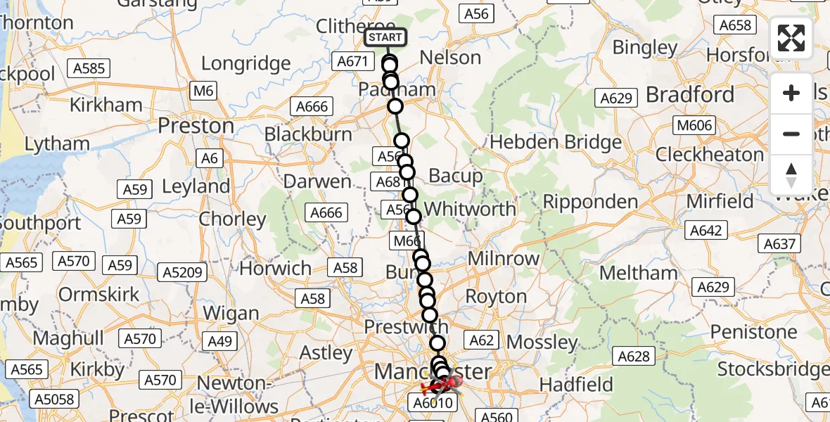 Flight path map showing Air Ambulance Helicopter route from Ribble Valley to Chorlton-on-Medlock