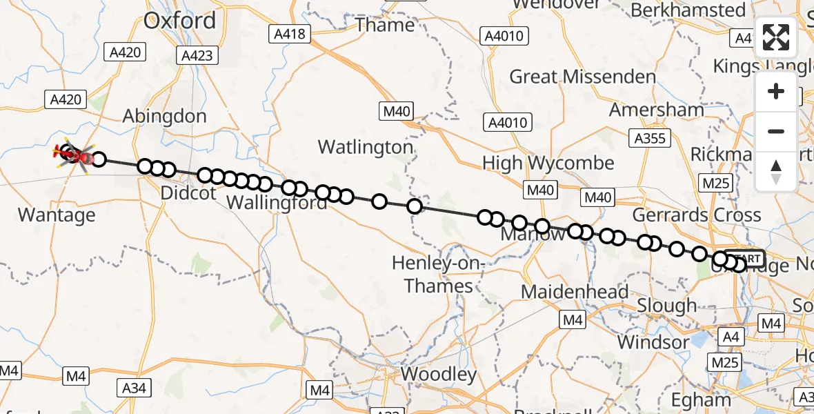 Flight path map showing Air Ambulance Helicopter route from Denham to East Hanney