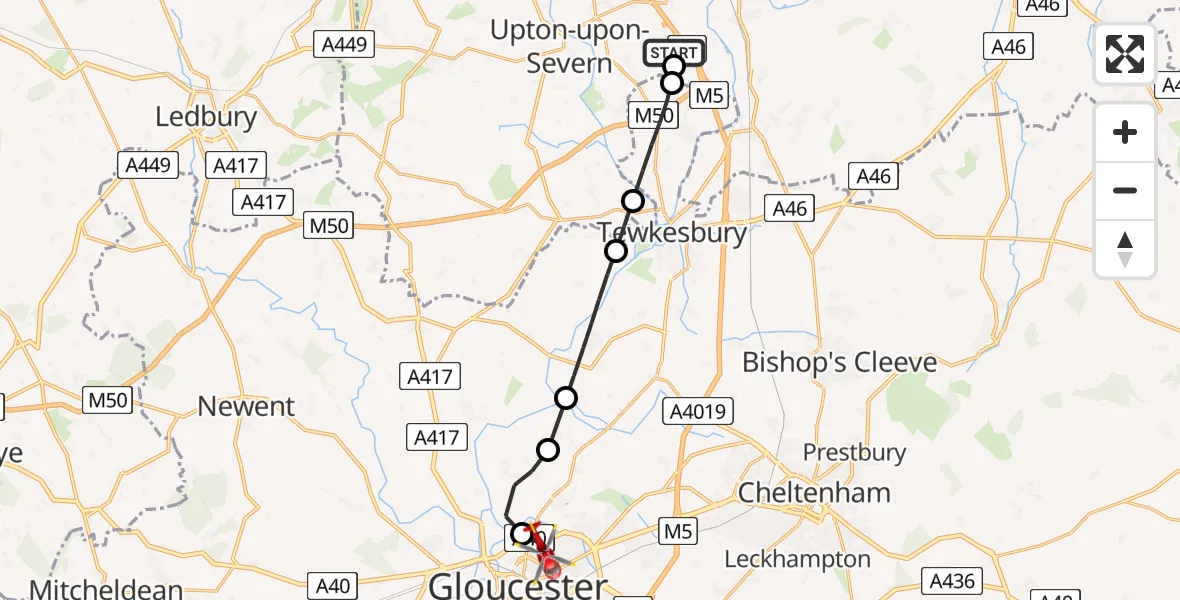 Flight path map showing Air Ambulance Helicopter route from Upper Strensham to Gloucester
