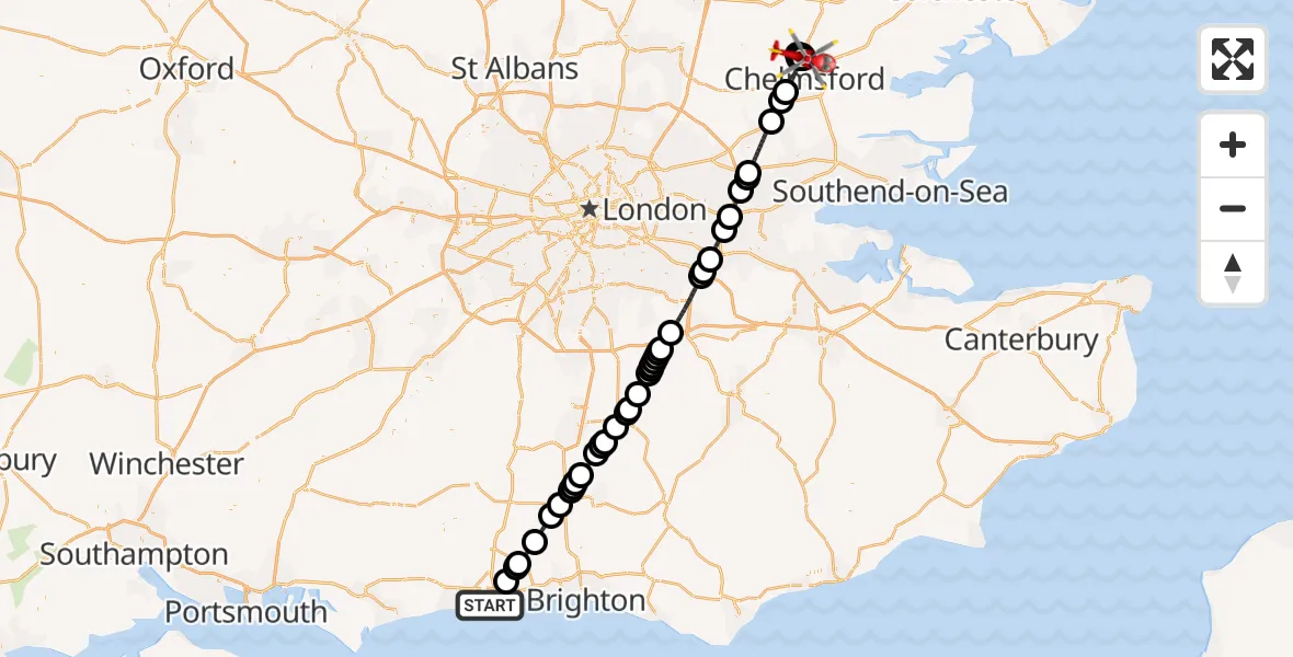 Flight path map showing Air Ambulance Helicopter route from Worthing to Chelmsford