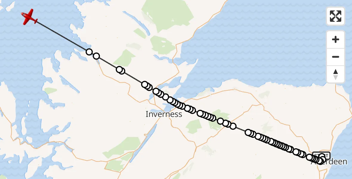 Flight path map showing Air Ambulance Aircraft route from Aberdeen International Airport to Inner Seas