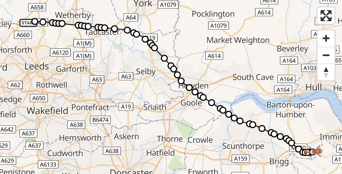 Flight path map showing Coastguard Helicopter route from Huby to Humberside Airport