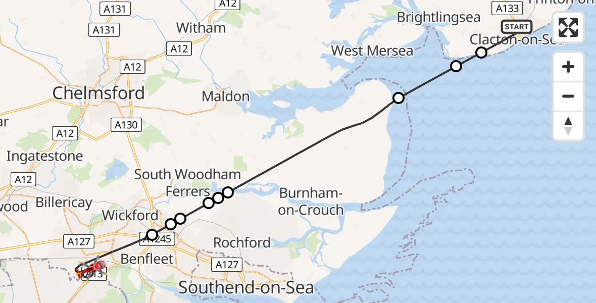 Flight path map showing Air Ambulance Helicopter route from Clacton-on-Sea to Basildon