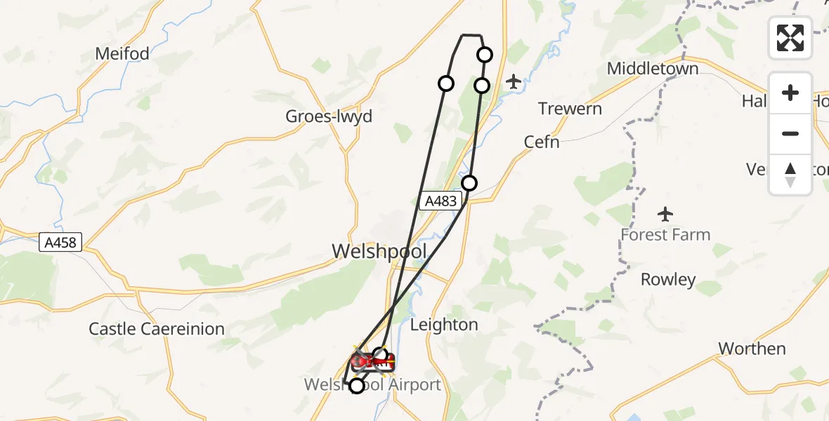 Flight path map showing Air Ambulance Helicopter route from Welshpool Airport to Welshpool Airport