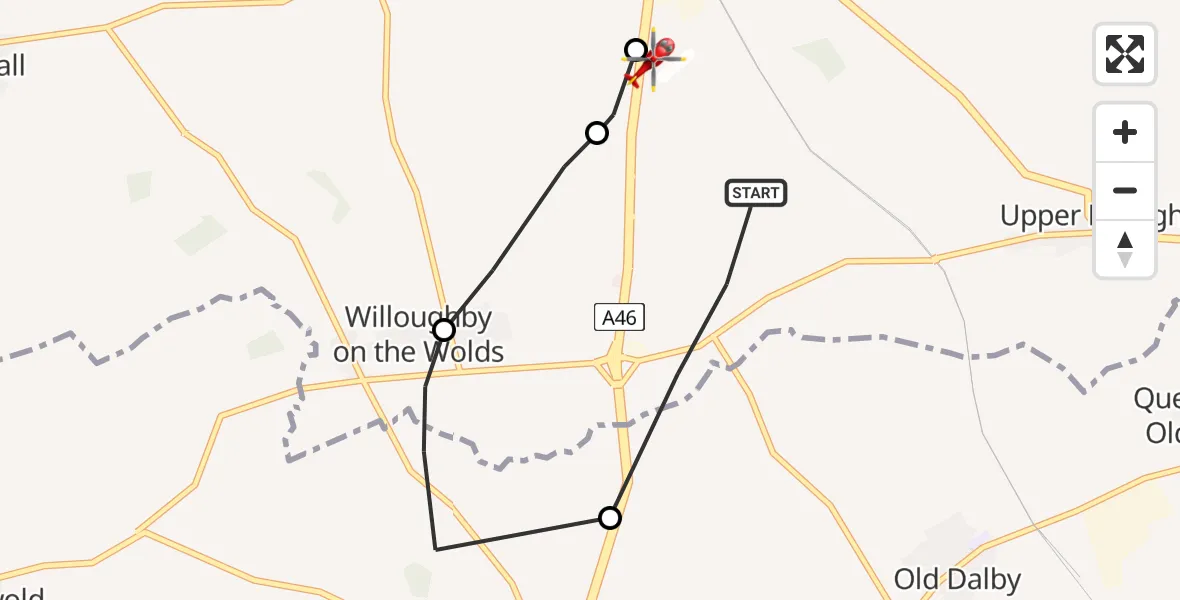 Flight path map showing Air Ambulance Helicopter route from Rushcliffe to Nottingham Heliport
