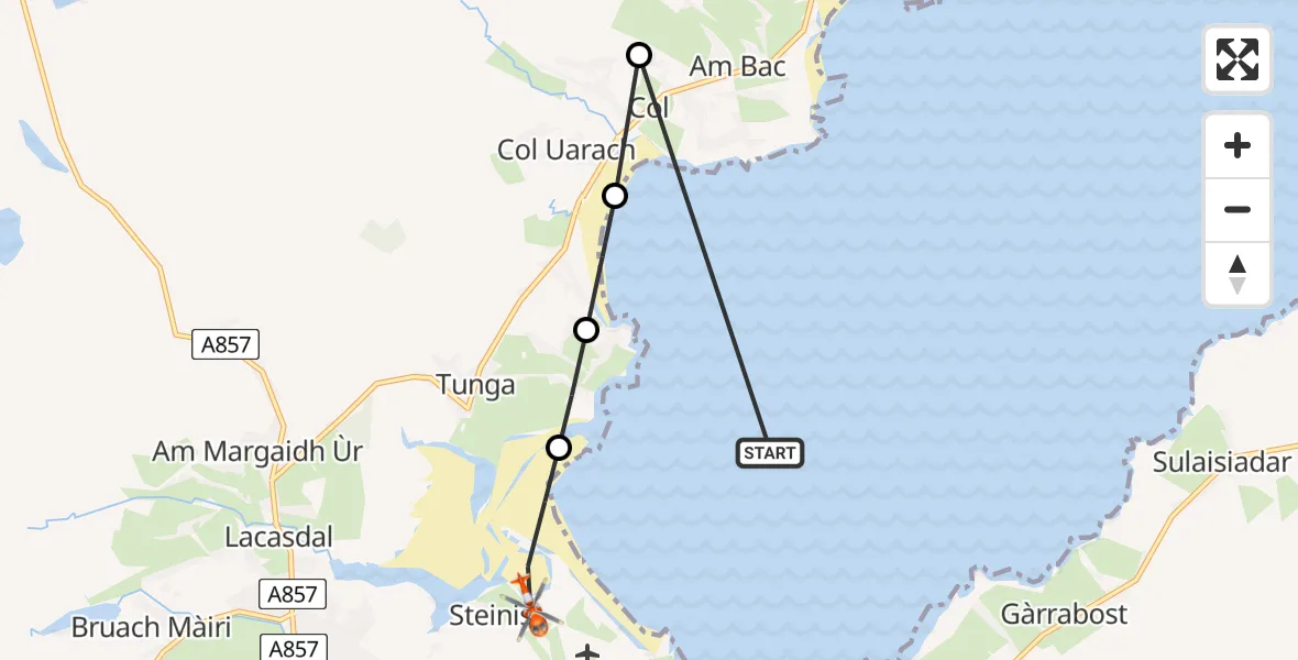 Flight path map showing Coastguard Helicopter route from Inner Seas to Stornoway Airport