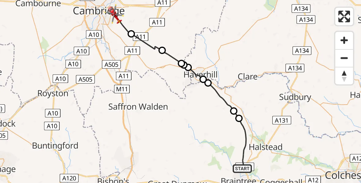 Flight path map showing Air Ambulance Helicopter route from Braintree to Cambridge