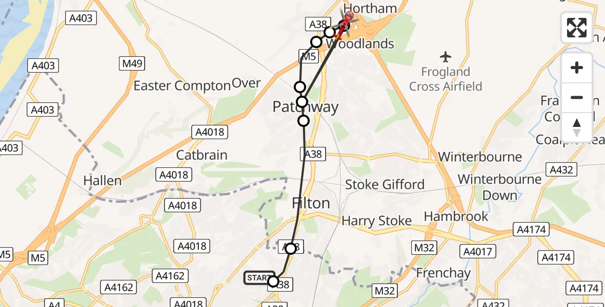 Flight path map showing Air Ambulance Helicopter route from Southmead Hospital to Almondsbury Helicopter Base