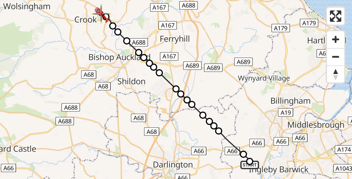 Flight path map showing Air Ambulance Helicopter route from Egglescliffe to Sunnybrow