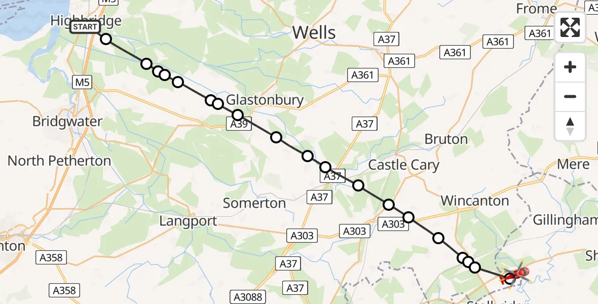 Flight path map showing Air Ambulance Helicopter route from Highbridge to Henstridge Airfield