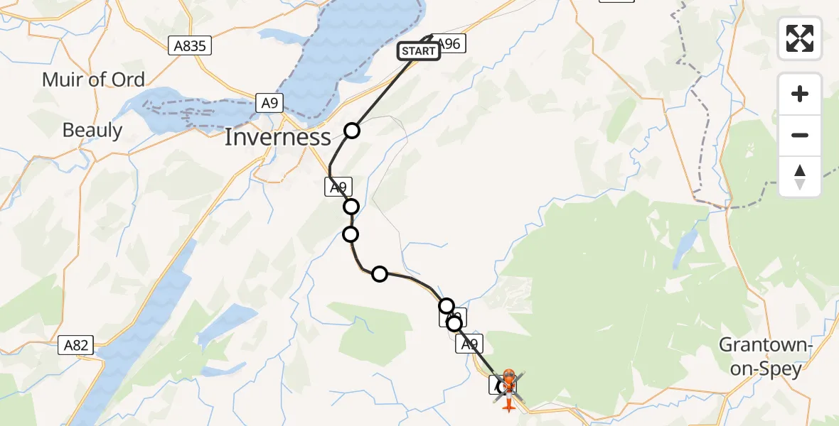 Flight path map showing Coastguard Helicopter route from Inverness Airport to Slochd
