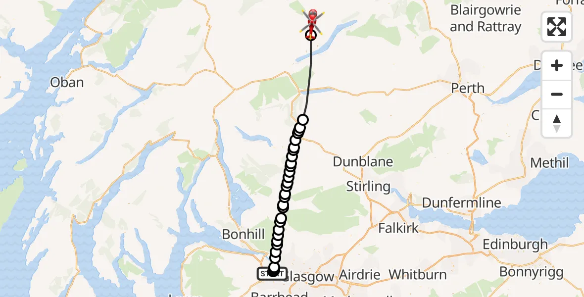 Flight path map showing Air Ambulance Helicopter route from Glasgow Airport to Creag Roro