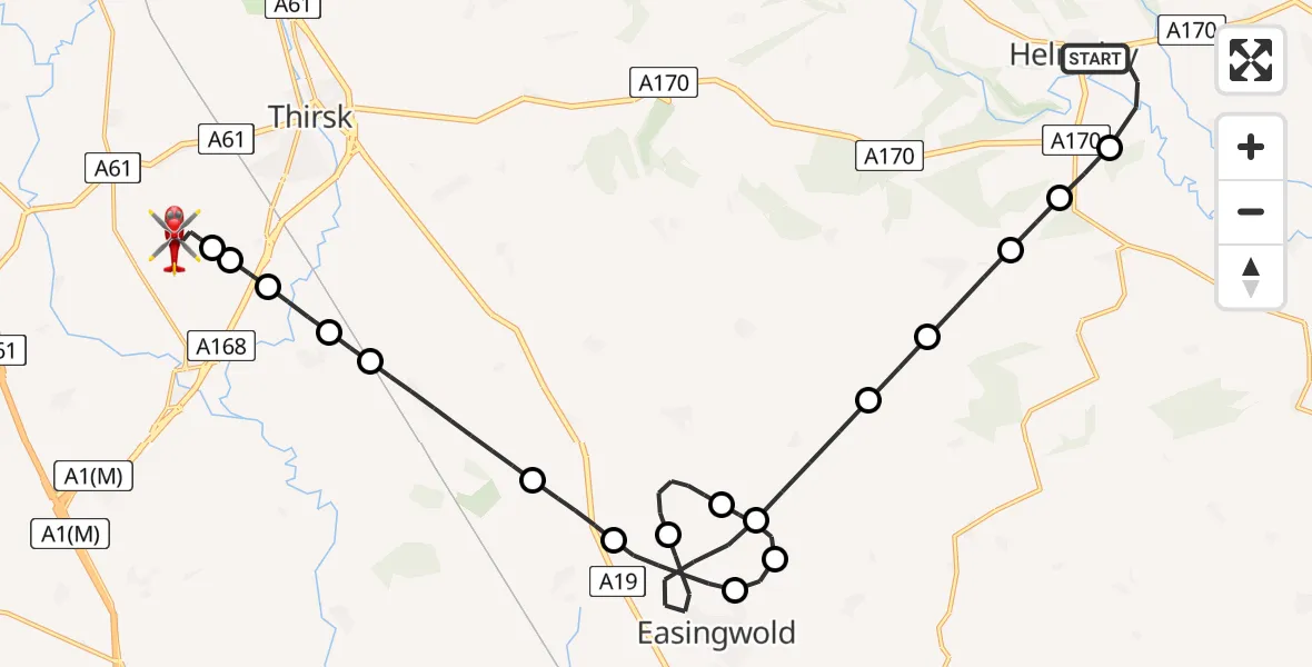 Flight path map showing Air Ambulance Helicopter route from Helmsley to RAF Topcliffe