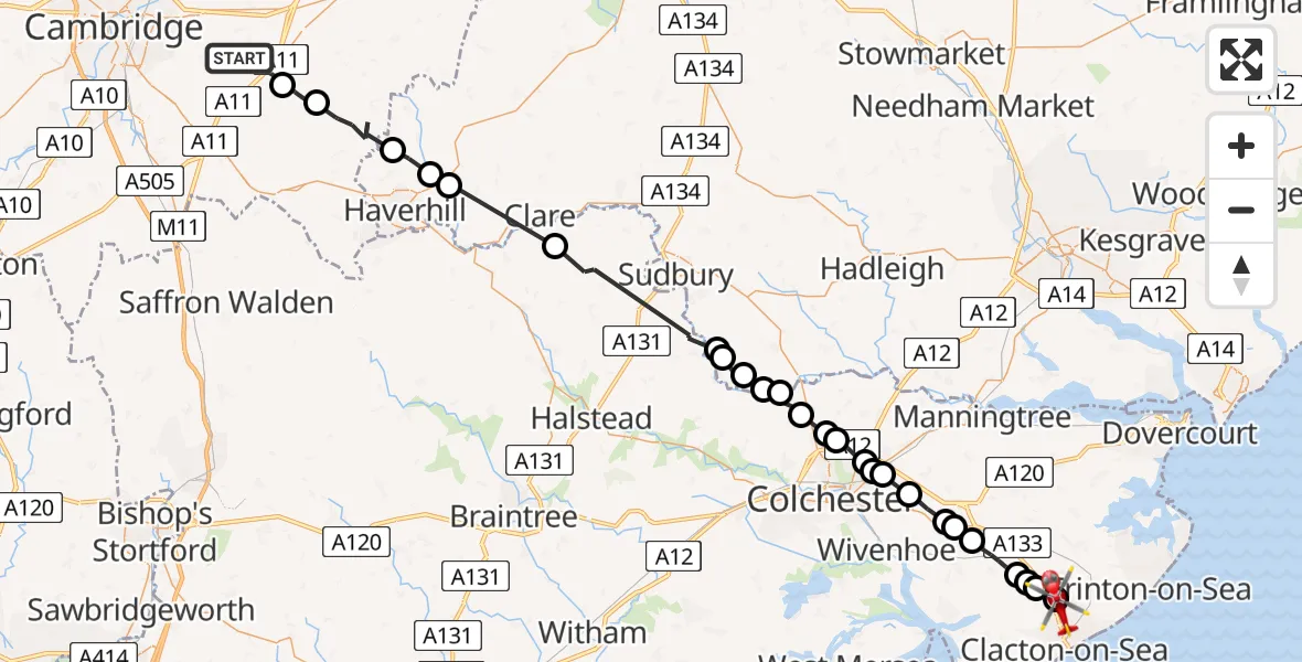 Flight path map showing Air Ambulance Helicopter route from Great Wilbraham to Little Clacton