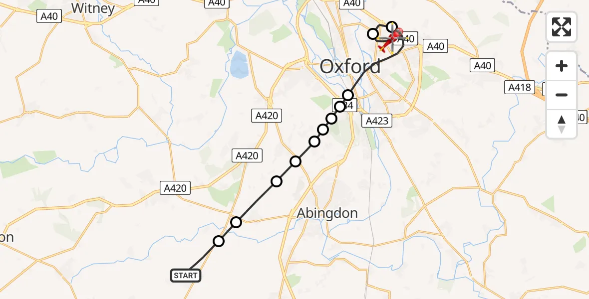 Flight path map showing Air Ambulance Helicopter route from East Hanney to Oxford