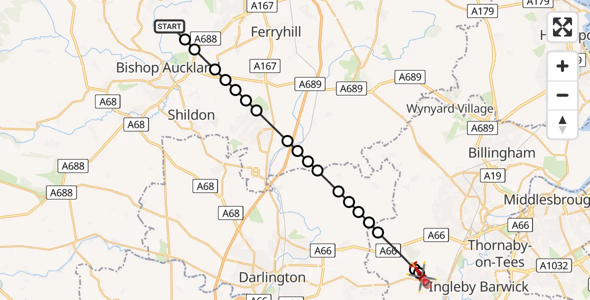 Flight path map showing Air Ambulance Helicopter route from Byers Green to Egglescliffe