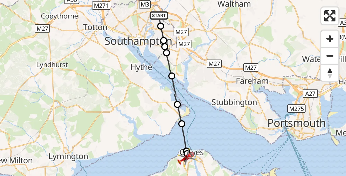 Flight path map showing Air Ambulance Helicopter route from Townhill Park to Cowes
