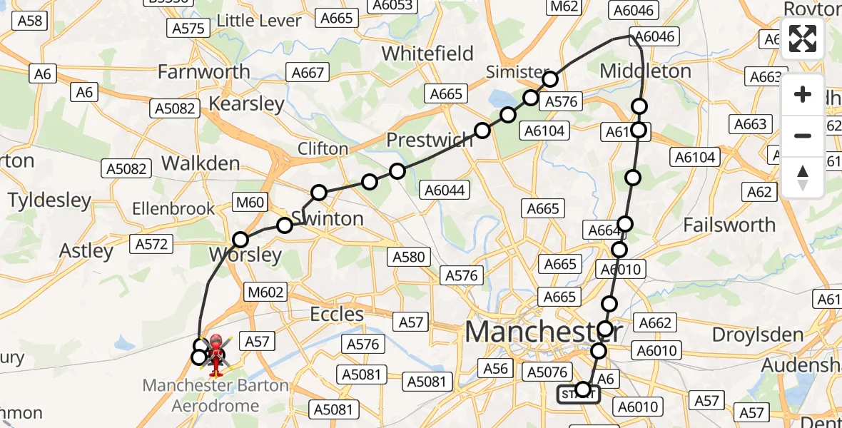 Flight path map showing Air Ambulance Helicopter route from Ardwick to Manchester Barton Aerodrome