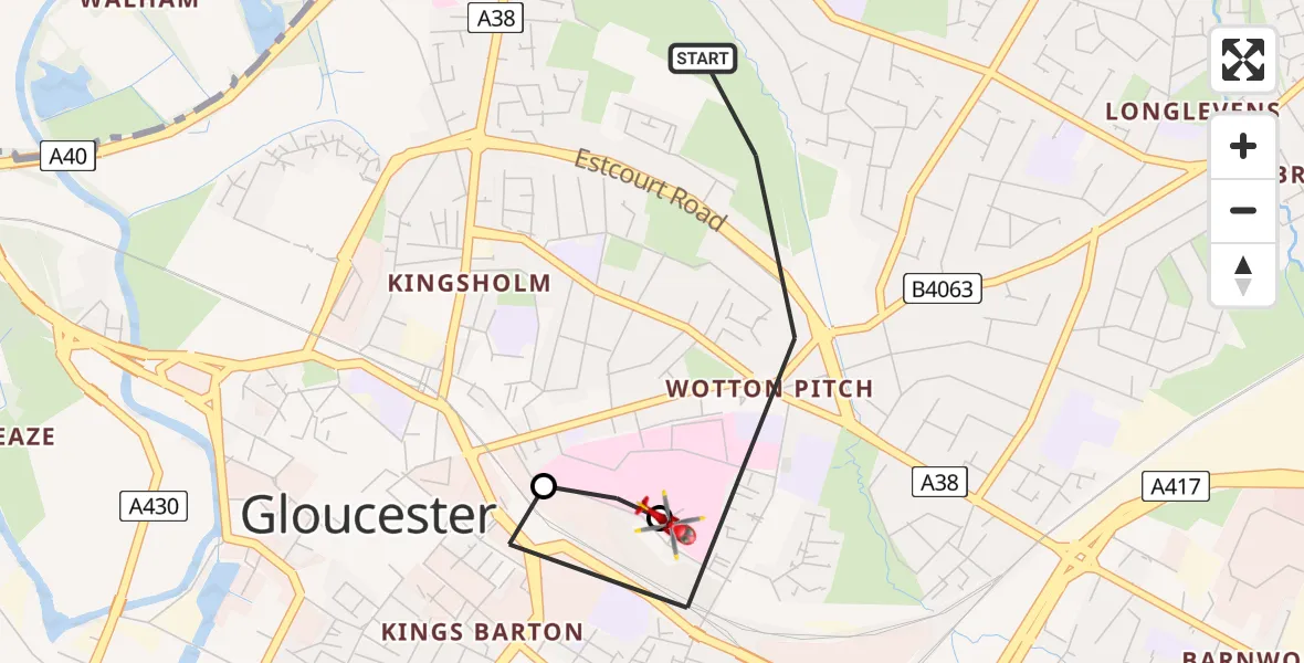 Flight path map showing Air Ambulance Helicopter route from Gloucester to Gloucester