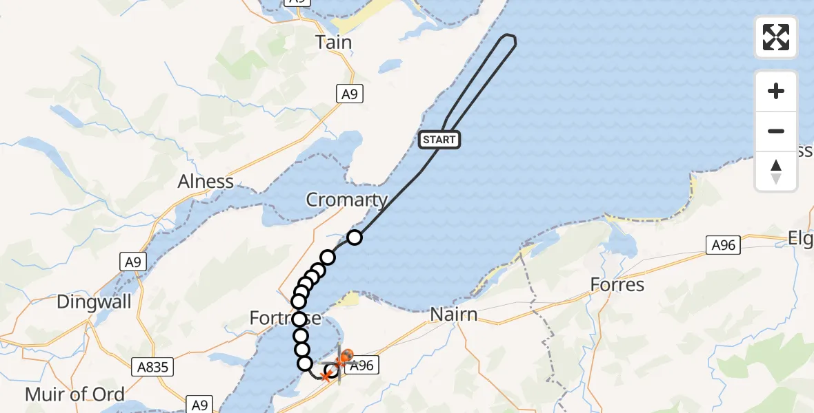 Flight path map showing Coastguard Helicopter route from North Sea to Inverness Airport