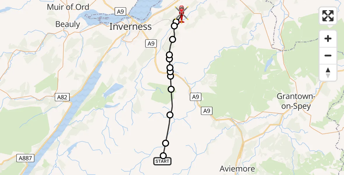 Flight path map showing Air Ambulance Helicopter route from Bothy to Dalcross