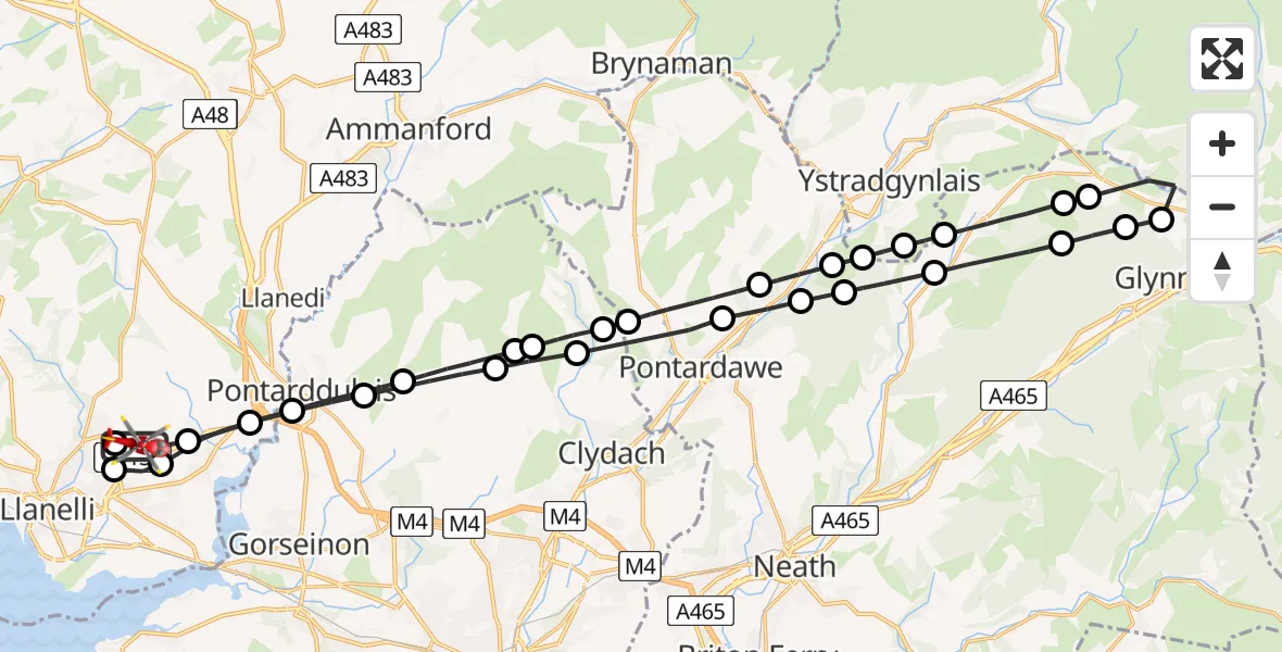 Flight path map showing Air Ambulance Helicopter route from Dafen to Dafen