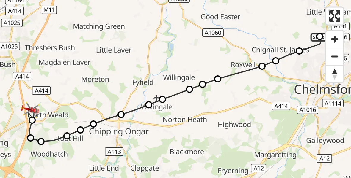 Flight path map showing Air Ambulance Helicopter route from Broomfield Hospital to North Weald Airfield