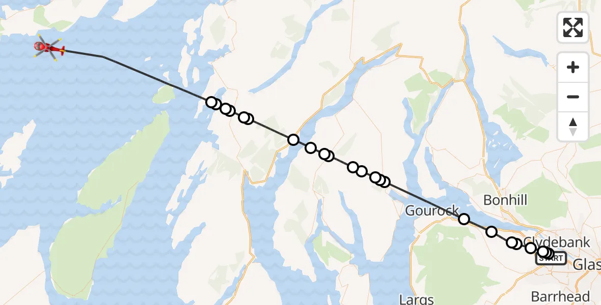 Flight path map showing Air Ambulance Helicopter route from Glasgow Airport to Inner Seas
