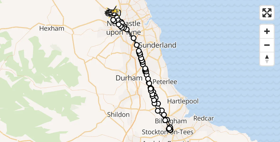 Flight path map showing Police Helicopter route from Newcastle International Airport to Newcastle International Airport
